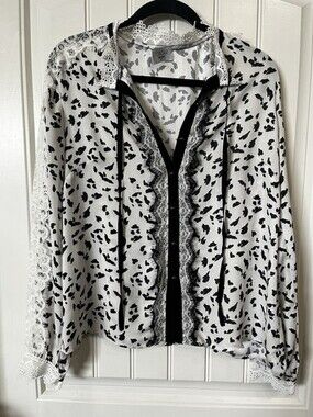 Whisygoth Romantic Lace Leopard Print Top Size L Blouse Fairy Top Flowy MSR $88